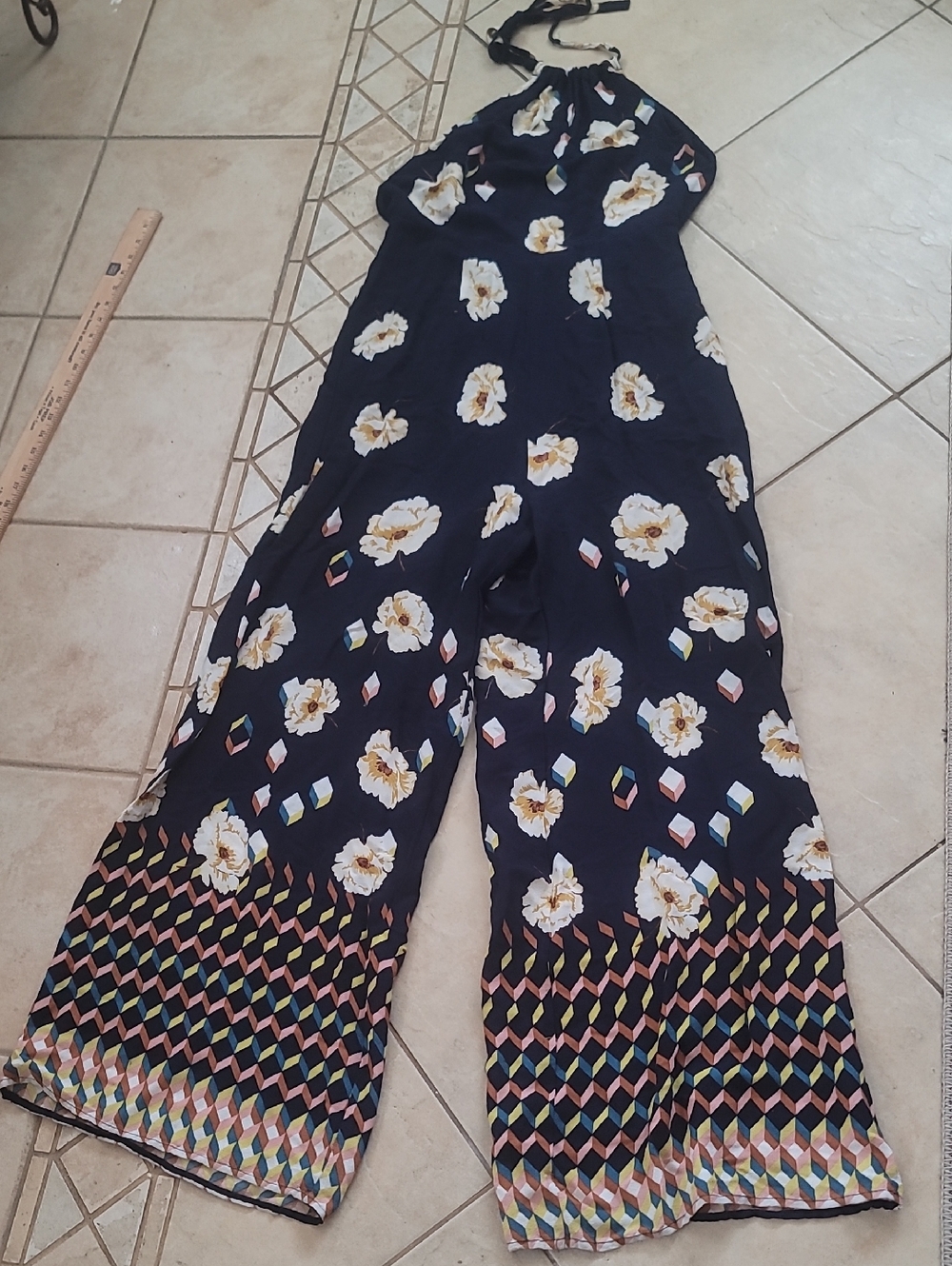 Black Floral Halter Jumpsuit Wide Leg SZ L